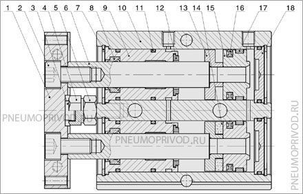 Внутреннее устройство, конструкция пневмоцилиндра EN Внутреннее устройство пневмоцилиндра EN